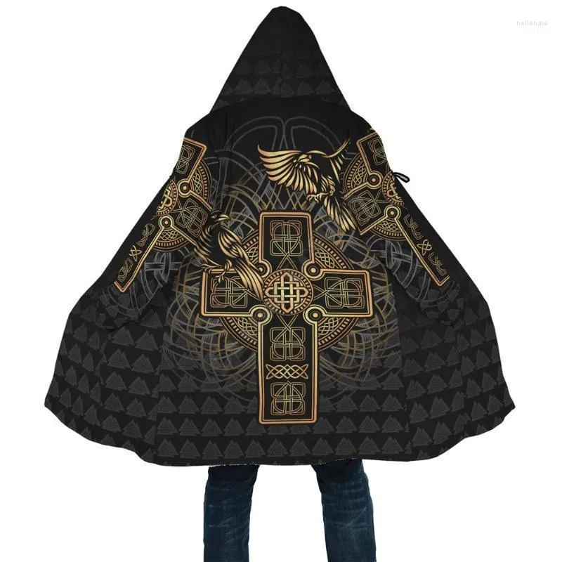 Herr ullblandningar Viking Style Cloak - Odins Raven Tattoo 3D Tryckt hoodie för män Kvinnor Winter Fleece Wind Breaker Warm Hood Nell22