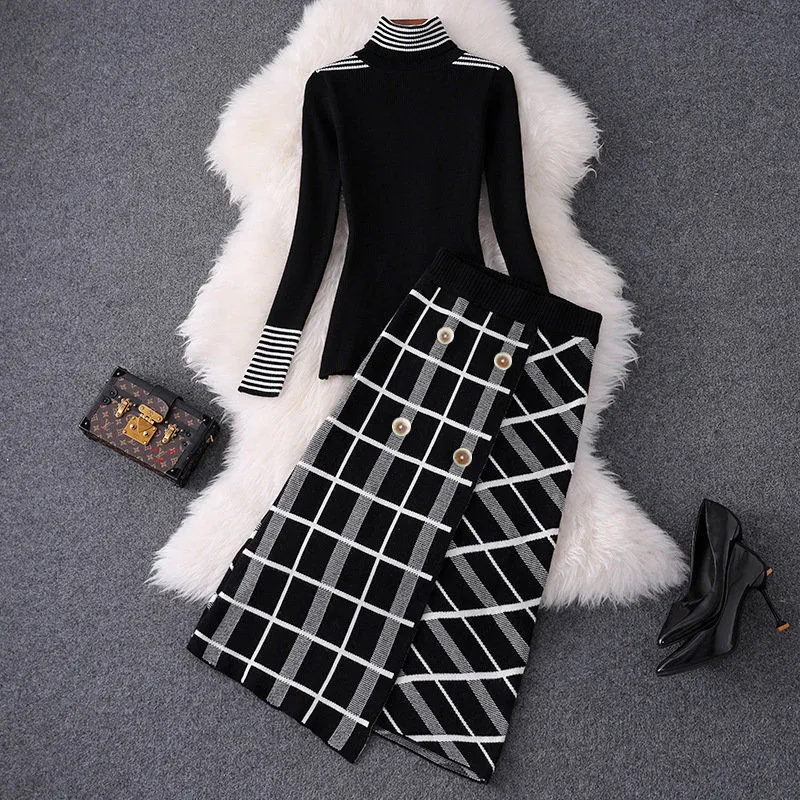 Vestido de duas peças elegante mulheres outono inverno conjunto de roupas de gola alta blusas e corte xadrez saias de malha terno escritório senhoras conjuntos ns294 230222