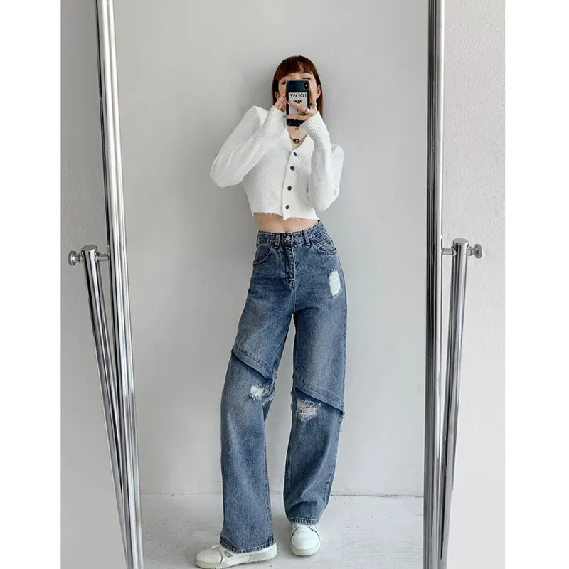 Jeans para mujer Estilo europeo americano Chicas picantes Costura diagonal Costuras Viejas rasgadas Primavera Oto o Cilindro recto Pantalones de