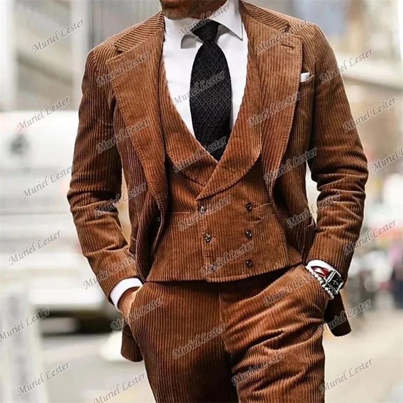 Costumes pour hommes Blazers Brown Corduroy Hommes TailorMade Terno Masculino Slim Fit Tuxedo Groom Prom Blazer 3 pcs Revers JacketPantVest 230222