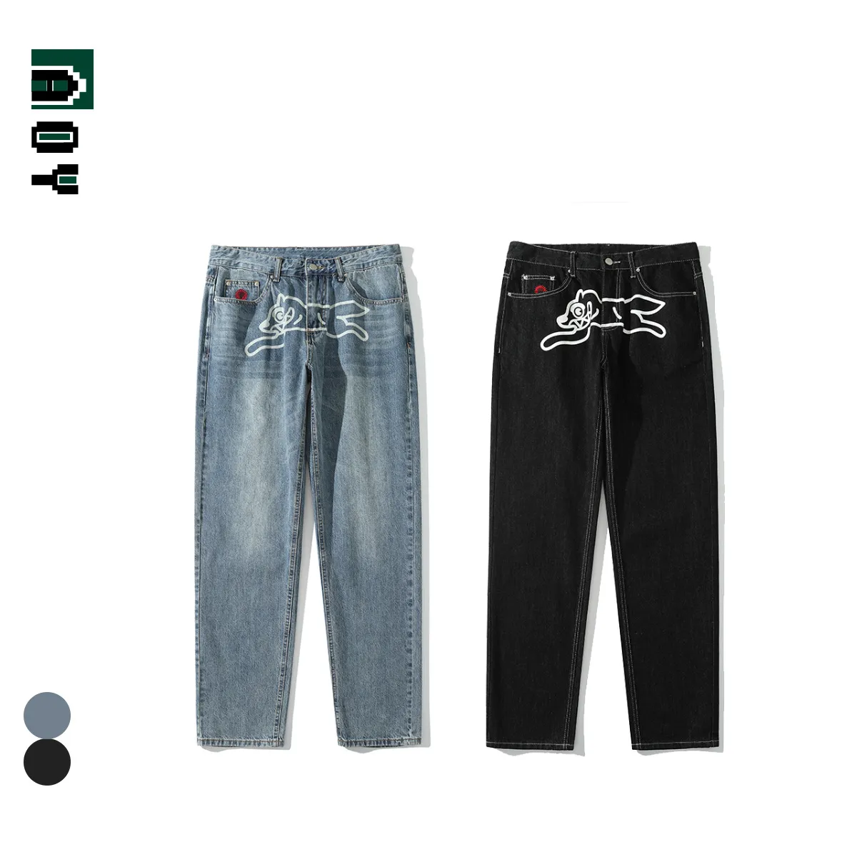 Men's Y2K Retro Jeans Embroidery American High Street Wide-leg Pants Loose Casual Letter Patch Ins Style