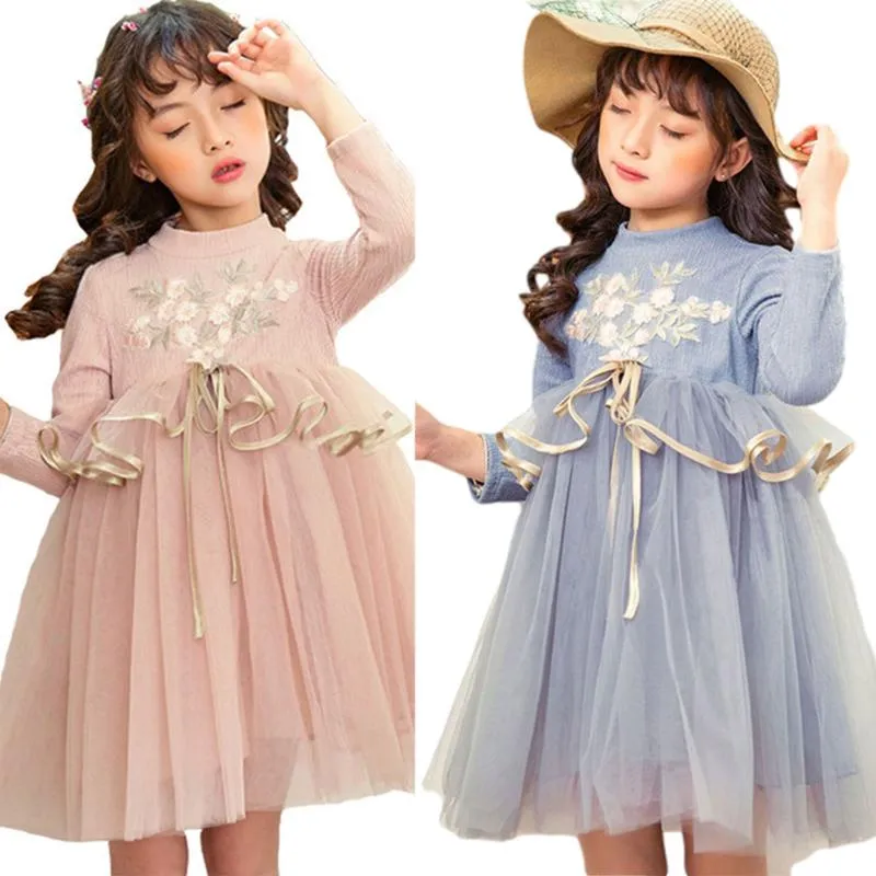 Vestidos de menina menina de 3 a 8 anos de princesa criança garotas vestidos de bordado de flor 3d bandagem de renda longa de manga longa festas tule tule tutu vestidos
