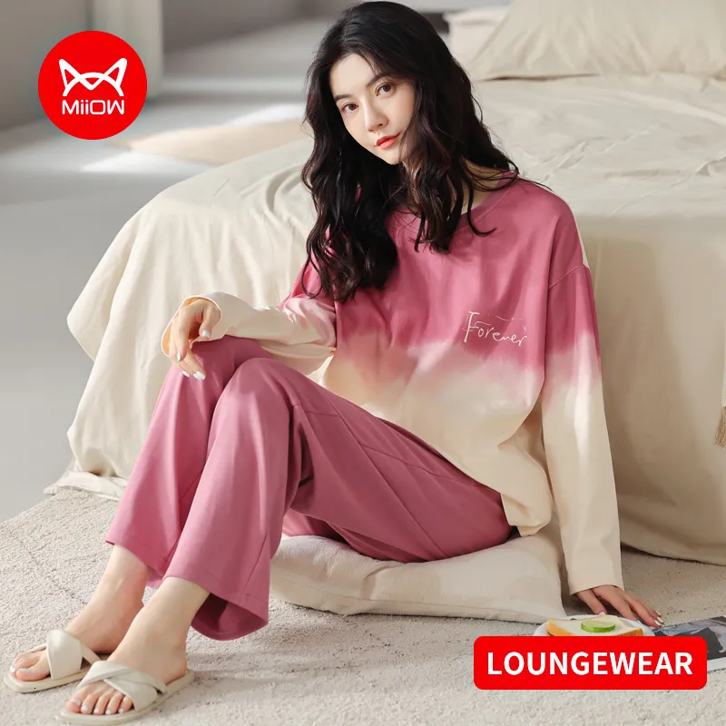 여성용 잠자기웨어 Miiow Cotton Women 's Homewear Pajamas Long Sleeves Pants 2 피스 잉글리쉬 세트 느슨한 편안한 그라디언트 컬러 홈 옷 230223