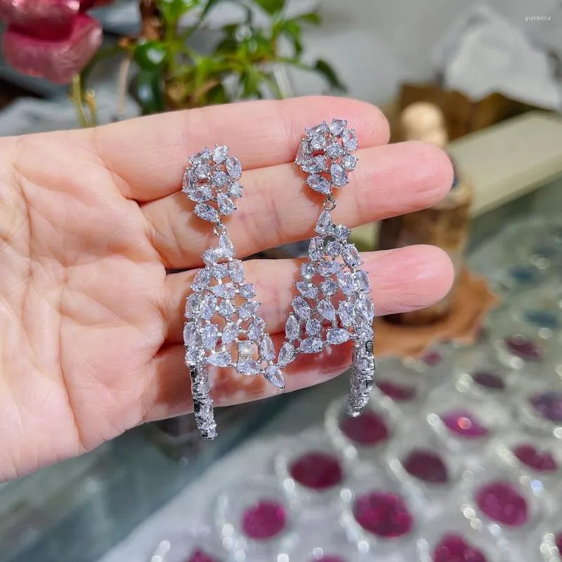 Dangle Boucles D'oreilles De Luxe Brillant Géométrique Zircon Cubique Boucle D'oreille Pour Les Femmes De Haute Qualité De Mode Partie Mariées De Mariage Bijoux Brincos