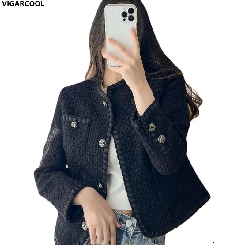 レディースジャケットオータムフレンチエレガントな気質小香料コートヤングツイードショートトップシンプル女性ブラック230222