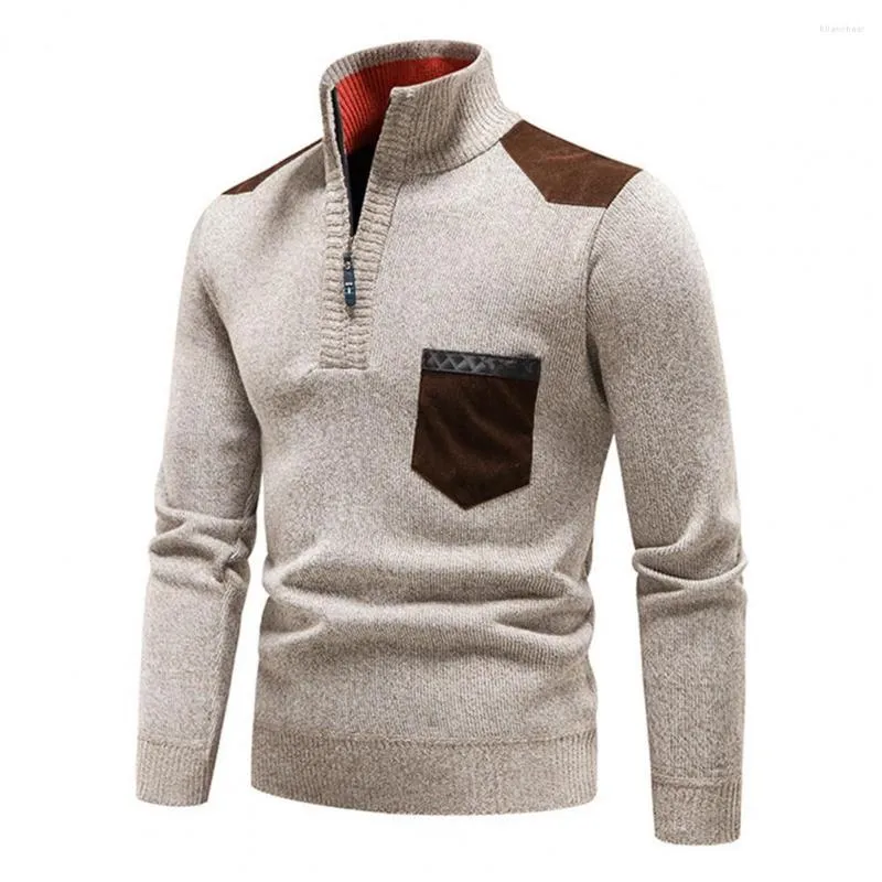 Men's Sweaters Men's Sweater Fleece Jacket Long Sleeve Patchwork Pocket Half-high Collar Vintage Retro Zipper Warm Elastic Knitting Tops