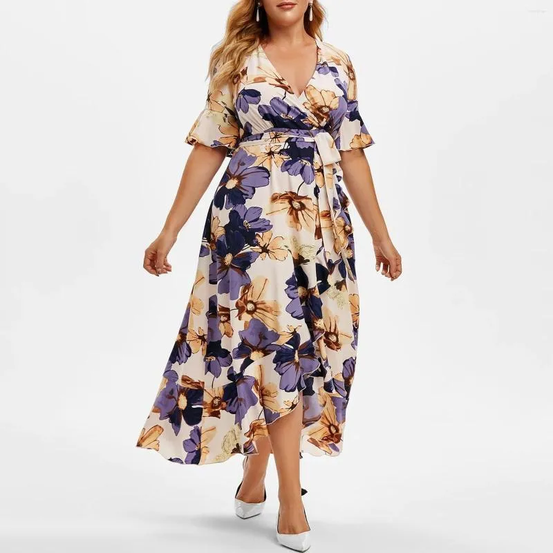 Casual Dresses Summer Women Tunic Dress Plus Size Floral Printed Bohemian Beach Party Wear Short Sleeve Deep V Neck Boho Vestidos