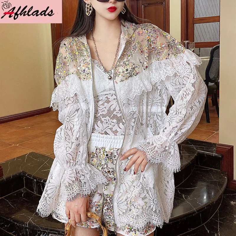 Womens Jackets Summer Fashion Beaded Lace Stitching Sequins Flare Long Sleeve Hooded Outerwear Beach Holiday Plus Size Women Jacket 230223