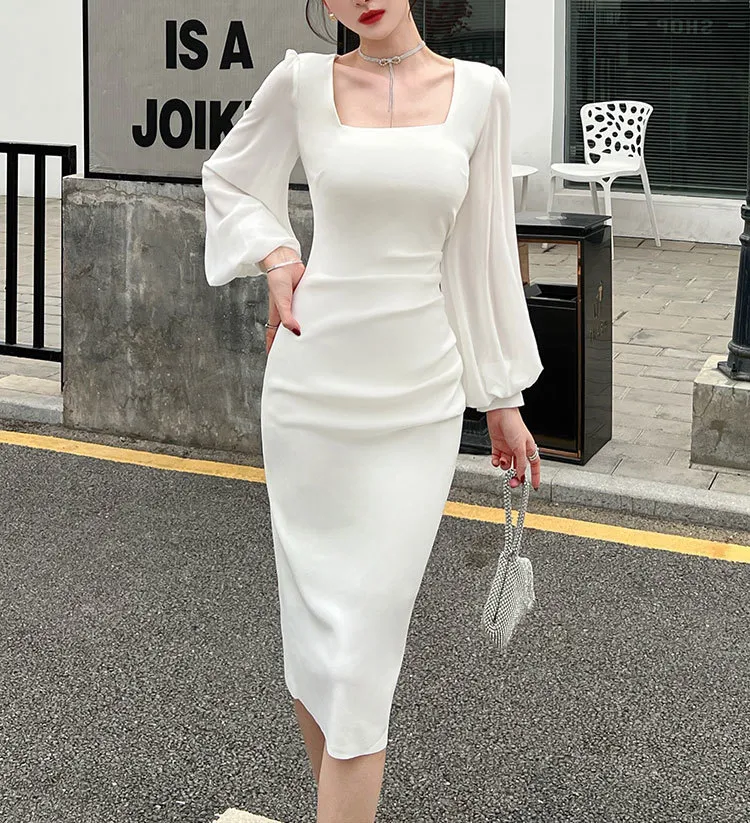 Spring Chic: Square Collar Casual Square neck midi dress with Split Lantern Sleeves and Bodycon Silhouette for Women - Perfect for Parties and OL Spring Chic: Square Collar Casual Square neck midi dress with Split Lantern Sleeves and Bodycon Silhouette for Women - Perfect for Parties and OL