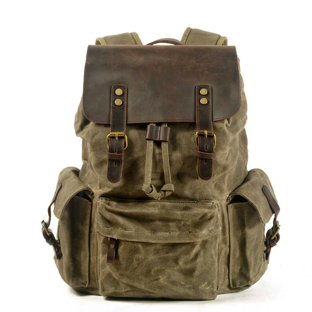 Backpack Style men's backpack canvas casual trend computer oil wax with leather bag trendy street style 221015