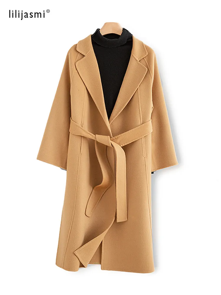 Женская куртка Классика 100 шерстяного длинного пальто, пояс воротника с двойным слоем, отворотный лацэк, полная рукава, 22 осень зима 17 230223