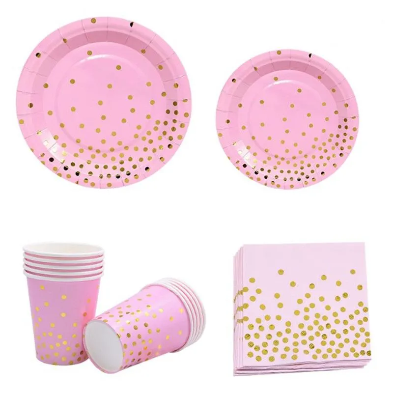 Disposable Dinnerware 50pcs/lot Pink Gold Dot Baby Party Tableware Paper Cup Plate 1st Birthday Decor Kids Shower Supplies