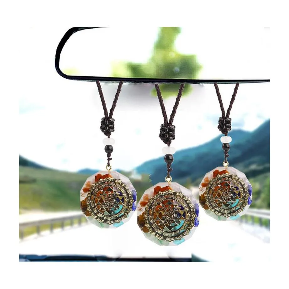 Interior Decorations 1Pcs Handmade Car Pendant Natural Gemstone Necklace Chakra Crystal Charm Ornaments Styling Decoration Men Women Dhns5