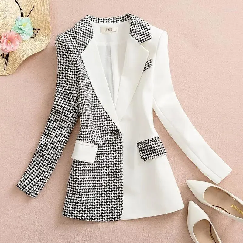 Terno feminino feminino blazer jaqueta 2023 Primavera outono de moda preta moda de retalhos Houndstooth Slim Slave Slave Suit Ladies Coat Outerwe