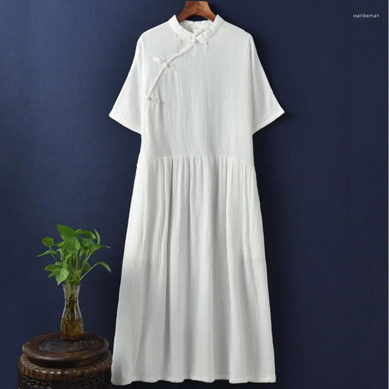 Party Dresses Summer Style Women Dress 2023 Autumn Cotton Linen Buckle Stand Collar Half ärms Vestido -