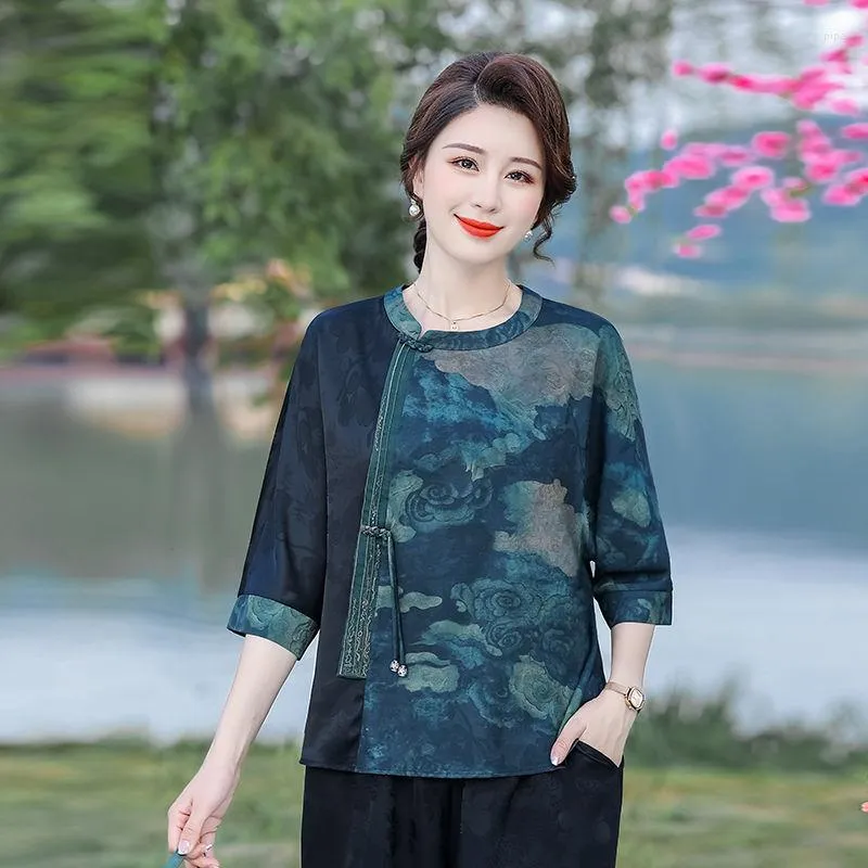 Etnik Giyim 2023 Çin Vintage Tang Takım Geleneksel Cheongsam Top Çiçek Baskı Antik Gevşek Bluz Kadınlar Yuvarlak Boyun Qipao PD