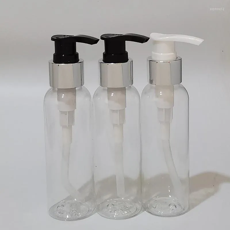 Garrafas de armazenamento 50pc 100ml Garrafa de plástico de ombro redonda com bomba de loção de colarinho prateado Distribuidor de parafuso de recipiente cosmético preto limpo