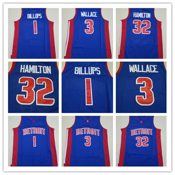 Billups 1 Wallace 3 Hamliton 32 Jersey 2003-2004 Maillots Bleu Basketball Hommes Cousu Jersey S-XXL Mix Match Order