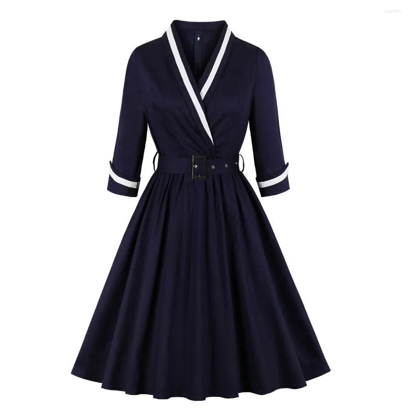 Robes décontractées S-4XL grande taille femmes robe de soirée élégante Vintage Wrap ceinturé plissé automne coton tunique 3/4 manches bureau dame