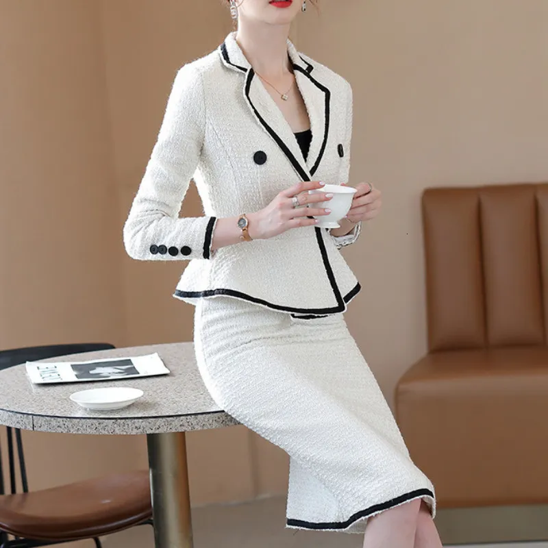 Two Piece Dress Blazer Tweed Suit Set Women Mermaid Skirt 2 Outfit Office Lady Formal Business Professional Coat Midi Executive 230222