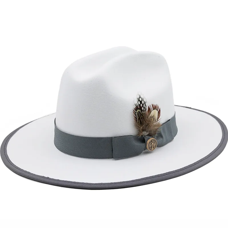 Witte Fedora Hoeden met Veer Band Faux Wollen Hoge Hoed Mannen Platte Rand Jazz Panama Cap Vrouwen Elegante Partij Jazz Kerk Hoeden