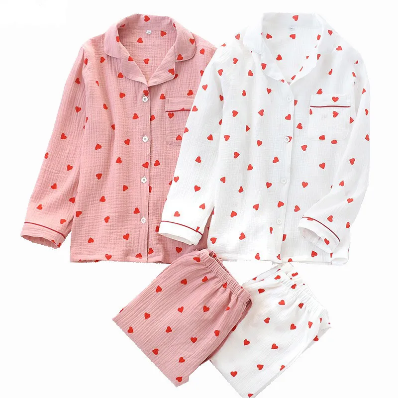 Kvinnors sömnkläder Spring Ladies Pyjamas Set Heart Printed Crepe Cotton Double-Layer GASE Turn-Down Collar Long-Sleeve Trousers Hushållen bär 230223