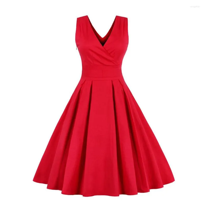 Lässige Kleider S-4XL Plus Size Frauen Elegent A-Linie Kleid Vintage 50er 60er Jahre Pin Up Big Swing Party Vestidos Ärmellose Schleife Abend