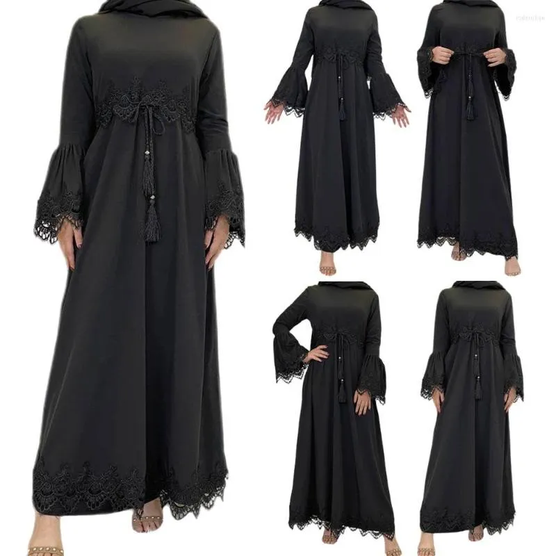 Vêtements ethniques Caftan Dubaï Musulman Femmes Robe Longue Dentelle Patchwork Abayas Arabe Moyen-Orient Ramadan Maxi Robe Robe Flare Manches Jilbab