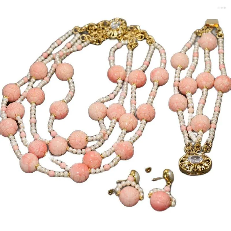 Pendientes de collar Juego de joyería Guaiguai 4 filas Pearl White Pink Pink Coral Carven Bola Pulsera de bolas Regalos de mujeres hechas a mano
