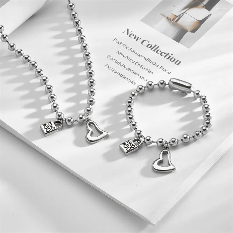 Necklace Earrings Set Fashion Women Men Silver Color Stainless Steel Round Bead Lock Heart Ball Bracelet Key 50 Jewelry Gofts