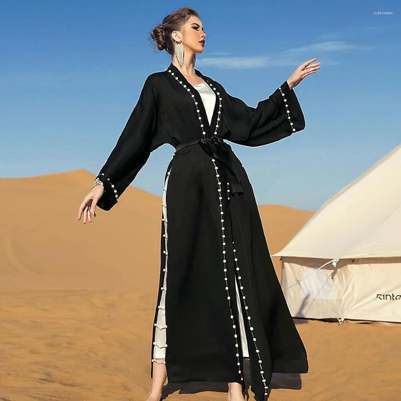 Etnische kleding Wepbel zwarte moslimjurk Abaya Vintage kralen Long Outer Match Dames Kimono Cardigan Arabisch met riem Islamitisch