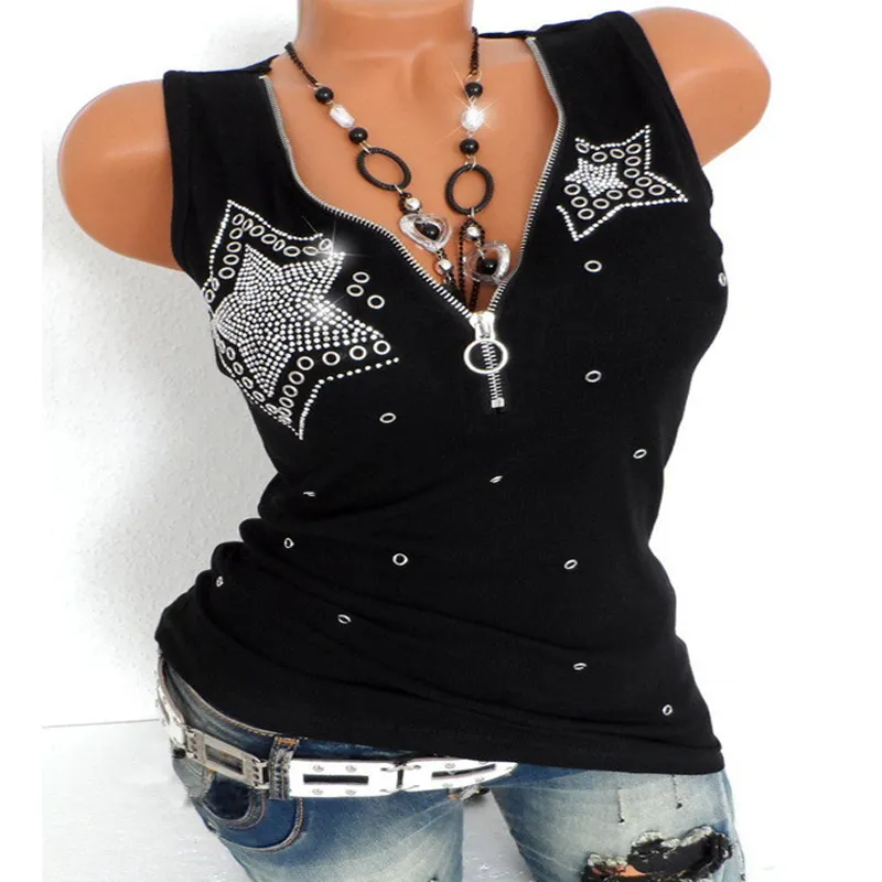 Tanques femininos Camis harajuku casual tanque sexy top tee moda diamantes camiseta feminina tshirt verão t mulher zip v pescoço 230223