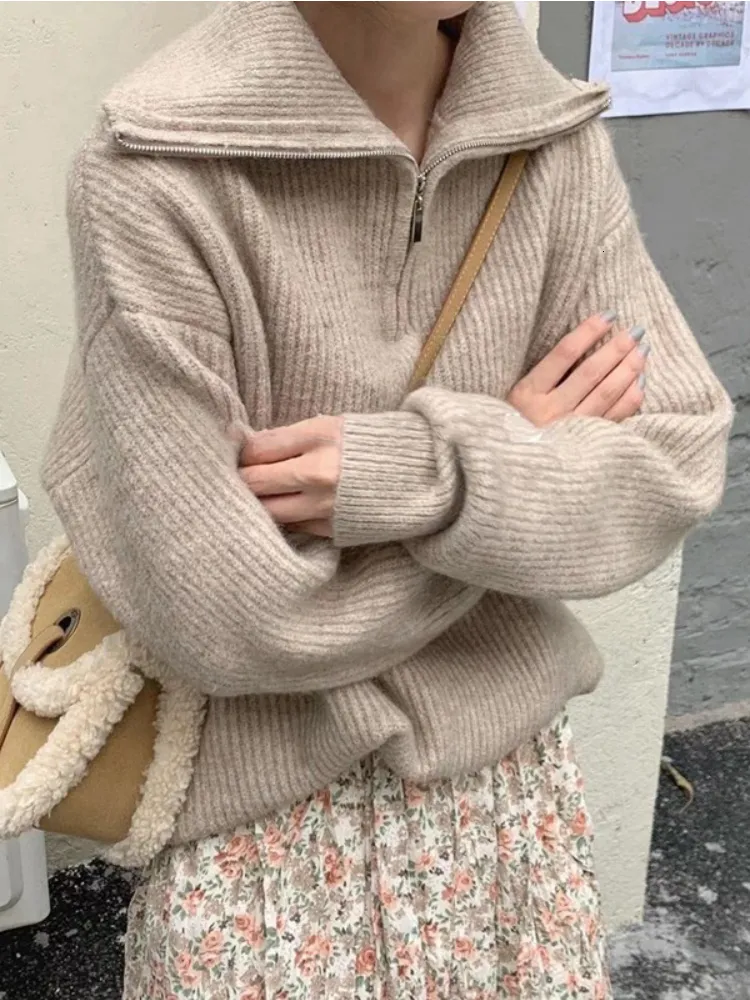 Kadın Sweaters Kadın Sweater Büyük Boyutlu Fermuarı Knited Ezirme Uzun Kollu Düz Renk Gevşek Bayanlar Sweaters Sonbahar Kış Kadın Yavurucu 230223