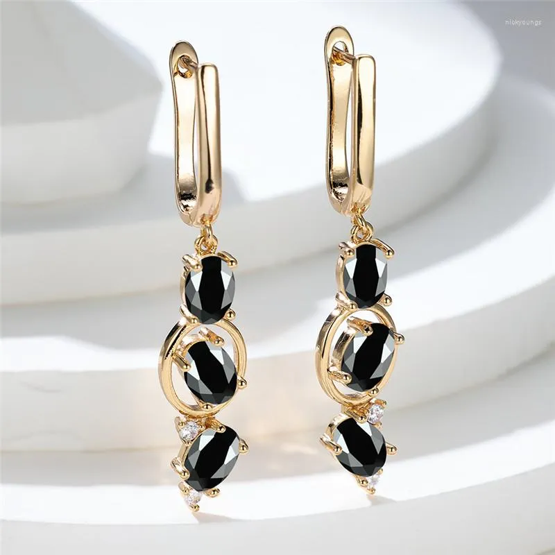 Hoop Earrings Vintage Black Oval Stone Multicolor Zircon Long Trendy Gold Color Wedding For Women Jewelry Gift