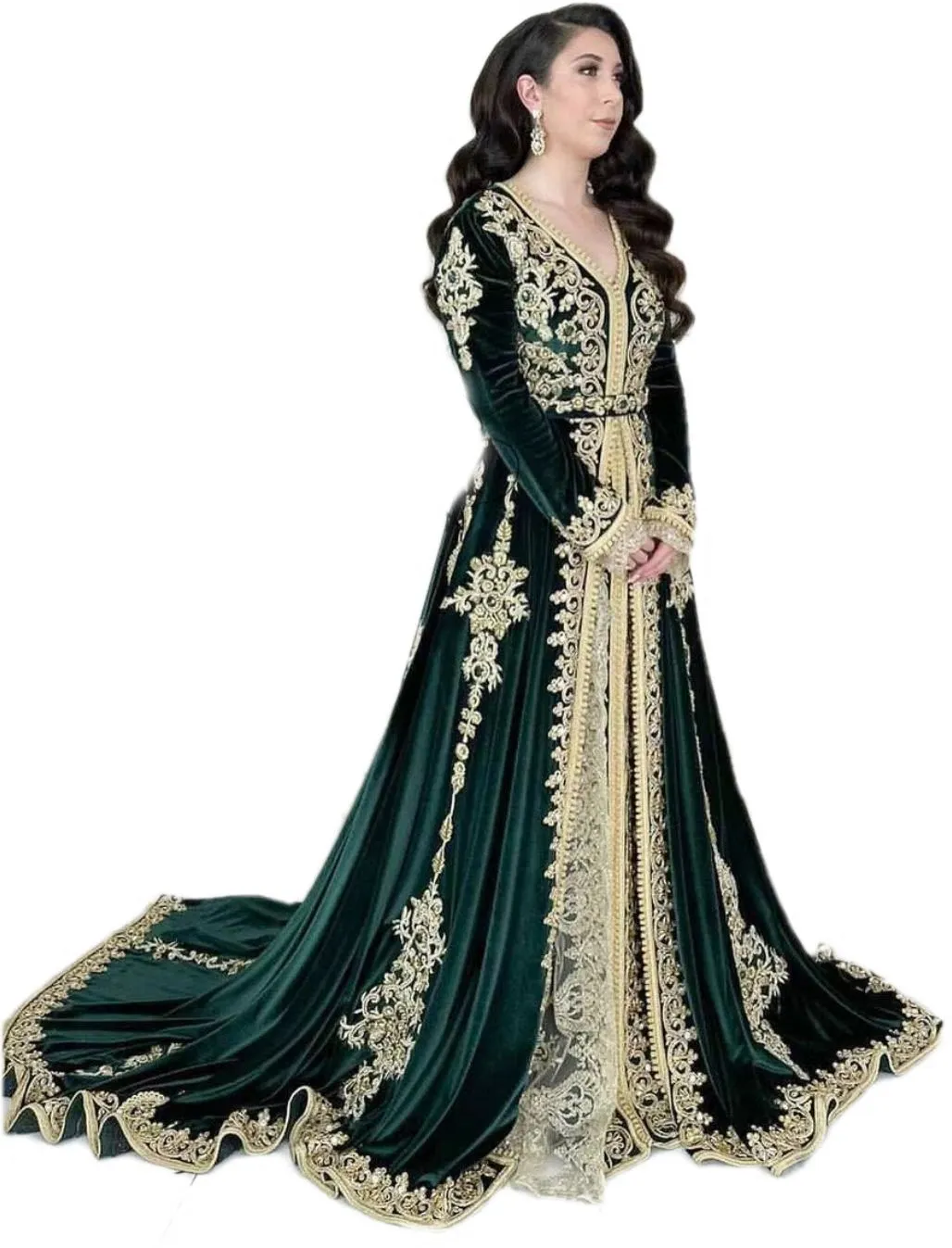 Smaragdgrünes marokkanisches Kaftan-Abschlussballkleid 2023, Tradition, V-Ausschnitt, Samt-Abendkleider, lange Ärmel, arabisches Dubai, formelles Kleid, schickes Robes de Bal, Partykleid in Übergröße