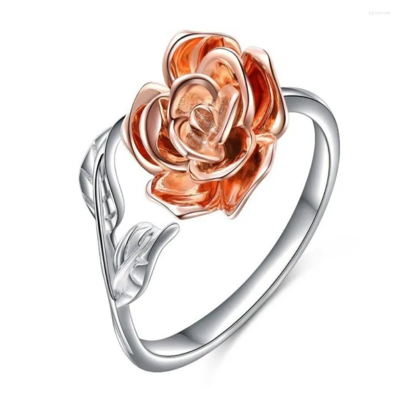 Wedding Rings Fashion Rose Ring Alloy Flower Opening Gold And Silvery Color Leaf Plant Elegant Jewelry For Women's Engagement Gift