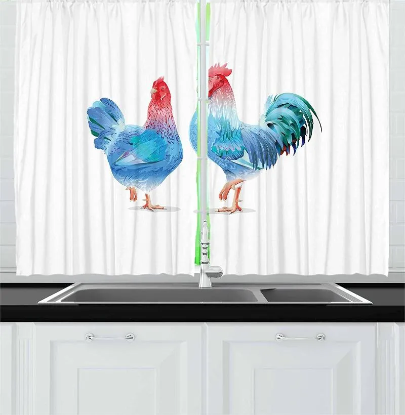 Cortina de frango cortinas de cozinha galo azul e animais de fazenda doméstica de galinha na janela de cores abstratas para decoração de café 55