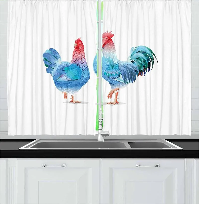 Tenda Tende da Cucina Pollo Blu Gallo E Gallina Animali Da Fattoria Domestici In Colori Astratti Finestra Per Arredamento Caffè 55