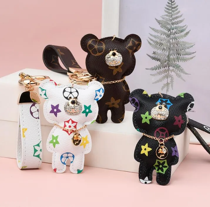 Bear Print Mönster PU -läder Key Rings Animal Keychains biltillbehör Väska Ring Lanyard Wallet Chain Rope Set Wholesale