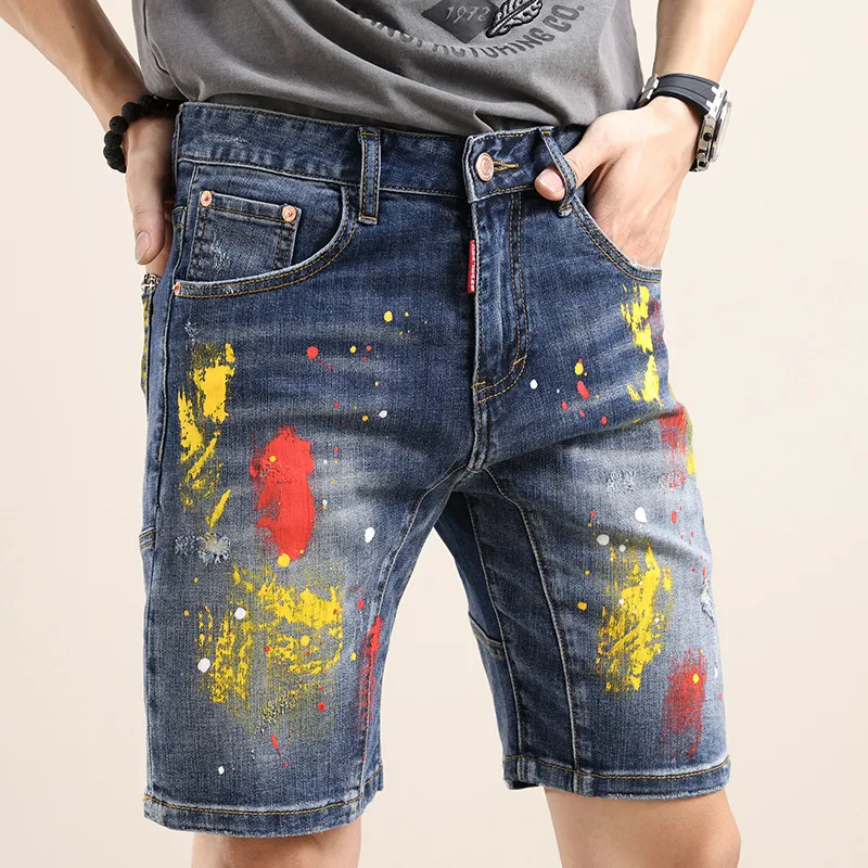 designer jeans mens jeans men's shorts brushed painted American High Street re-stitching Seiko jeans denim medium pants