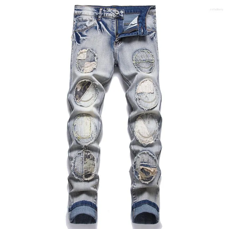 Herr jeans män denim 2023 höst mode streetwear stretch tryckt byxor mitt midja retro blå lång pant y2k