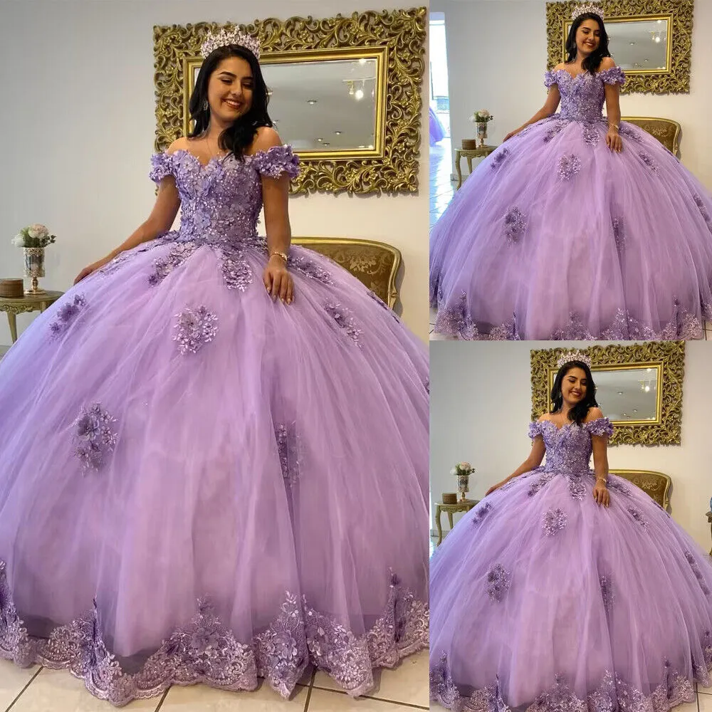 Lila lavendel Lila Quinceanera -jurk 2023 met 3D -bloemen uit schouderpuffy tule sweet vestidos de xv anos 15 jaar verjaardag Vestidos paraxv anos 16 jaar oud