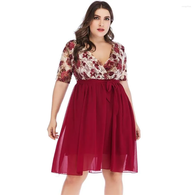 Casual Dresses Women Plus Size 5XL Floral Print Lace Stitching Chiffon Dress Plunging Neck Short Sleeve A Line Summer Party Vestidos