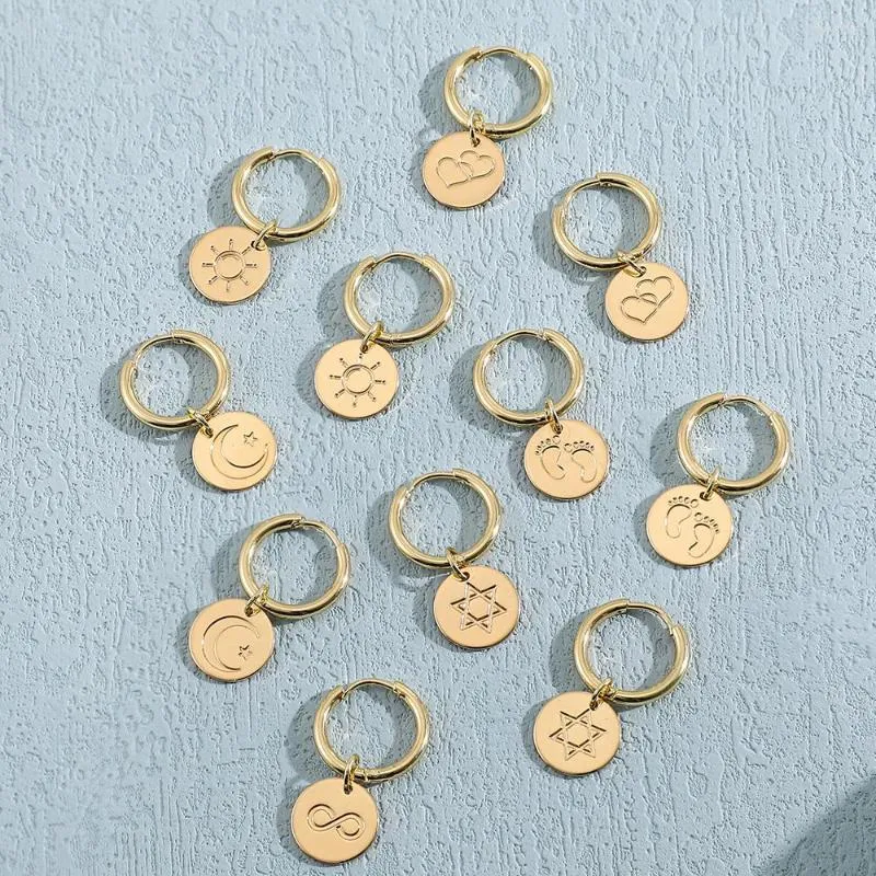 Hoop Earrings Gold Plated Stainless Steel Ear Buckle For Women Round Disc Carving Pattern Pendant Girls