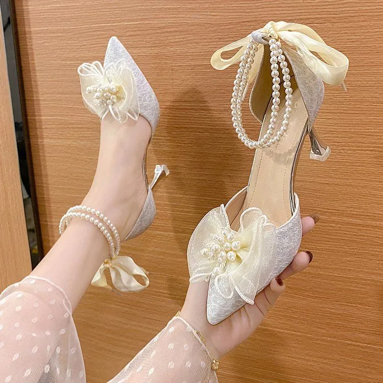 Dress Shoes White Beaded Bow Shoes for Women Sandals 5cm Summer Fairy Wind Pointed Pink High-heeled Tie Chunky Heel Wedding Shoes 230223