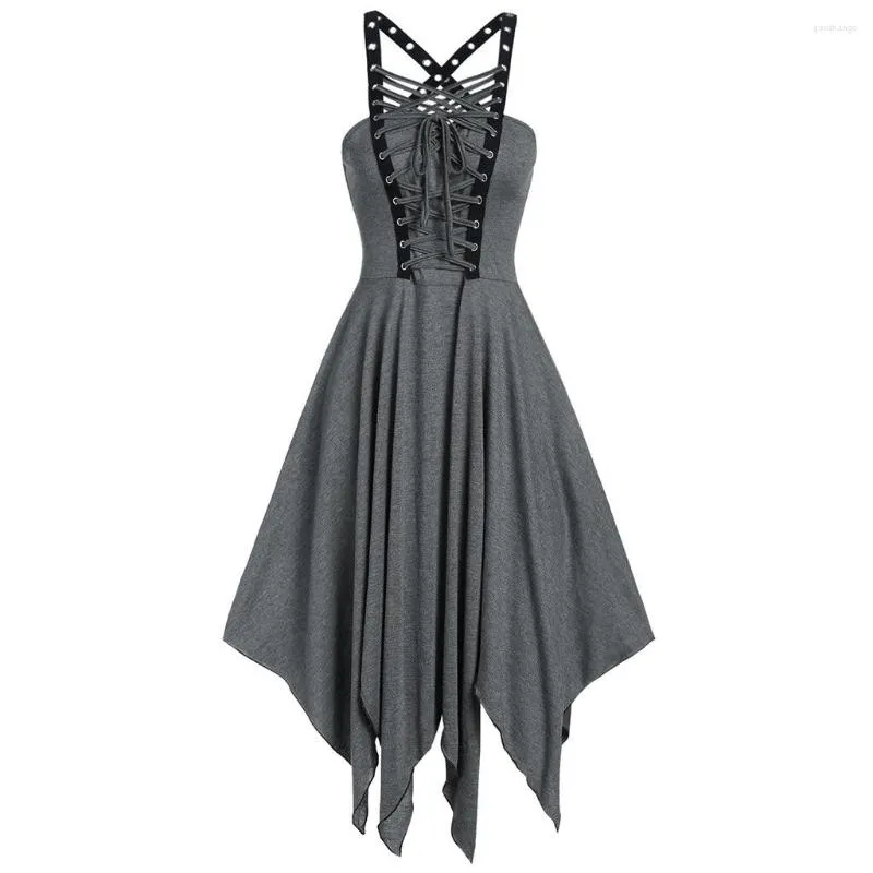 Casual Kleider Gothic Frauen Kleid Plus Größe Spitze Up Cami A-linie Vestidos Sexy Sommer Party Punk Ärmellose Strap Sling roben