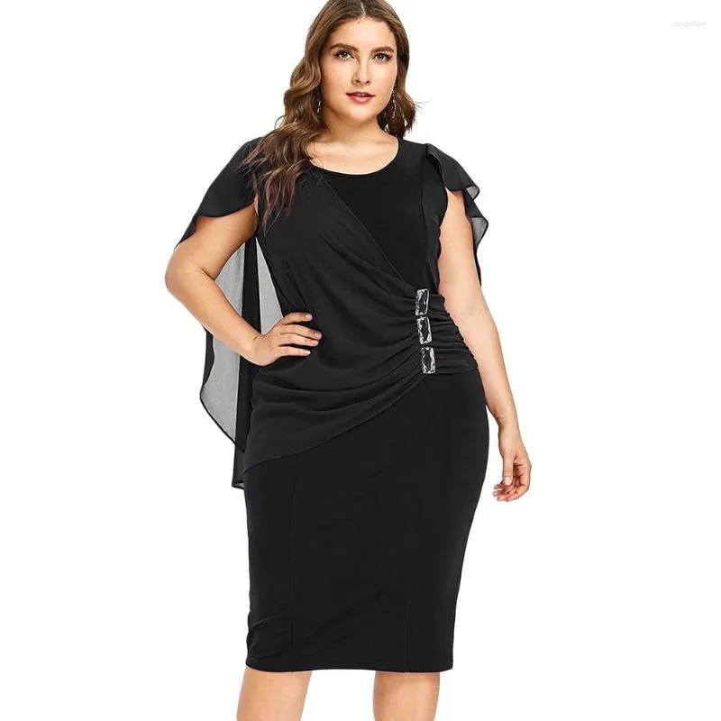 Casual klänningar plus storlek Rhinestone Ruched Empelled Capelet Dress Summer O Neck Sleeveless Women ol Party Vestidos 5xl