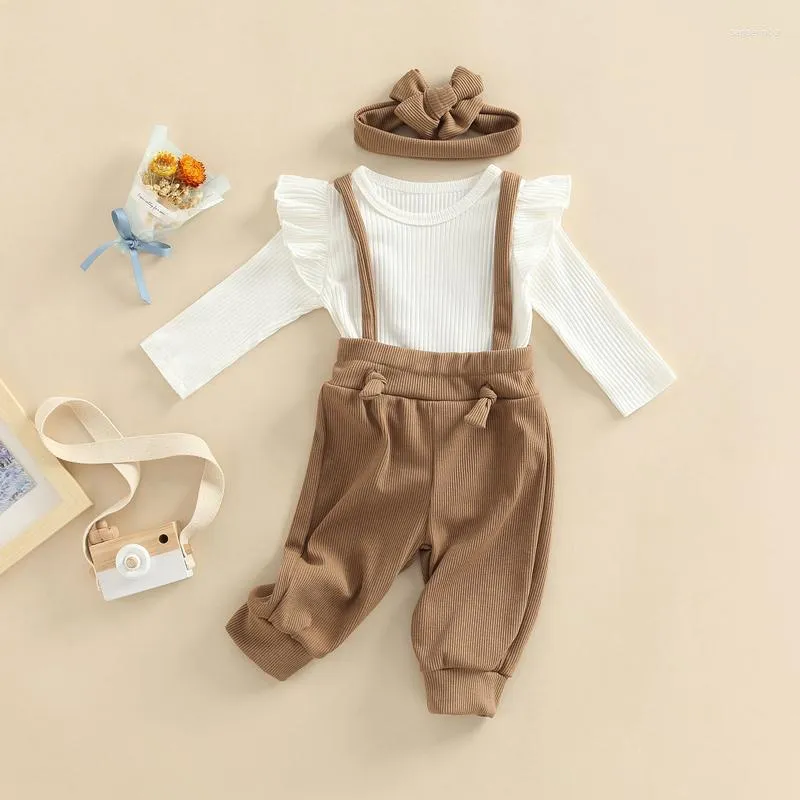 Clothing Sets Children Baby Girls Outwear Set Long Sleeve Ruffles Romper Suspenders Pants Headband Infant Casual Suit