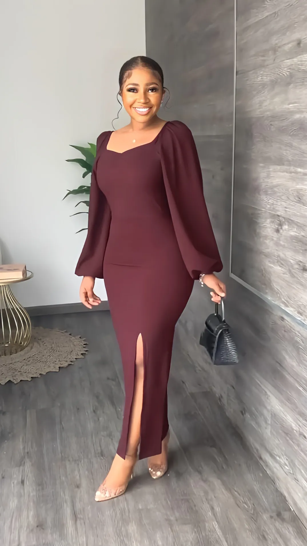 Elegant Solid Square Neck Party slit dress for Women for Women - Casual, Slim, and Fashionable with Long Sleeves and Split Design (Style #230223) Elegant Solid Square Neck Party slit dress for Women for Women - Casual, Slim, and Fashionable with Long Sleeves and Split Design (Style #230223)