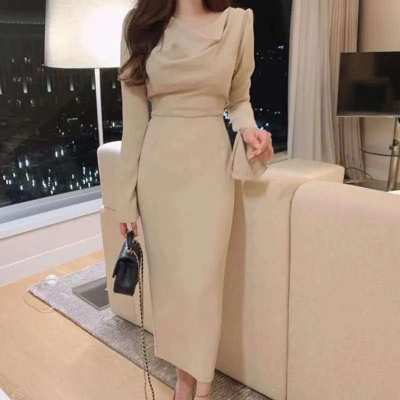 Casual Dresses Korean Chic Elegant Pile Collar Women Dress Slim Wasit Package Hip Flare Sleeve Robe Spring Office Lady Vestidos Mujer 230223 Casual Dresses Korean Chic Elegant Pile Collar Women Dress Slim Wasit Package Hip Flare Sleeve Robe Spring Office Lady Vestidos Mujer 230223